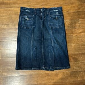 Paige Bronson knee length denim Skirt dark distressed wash size 28